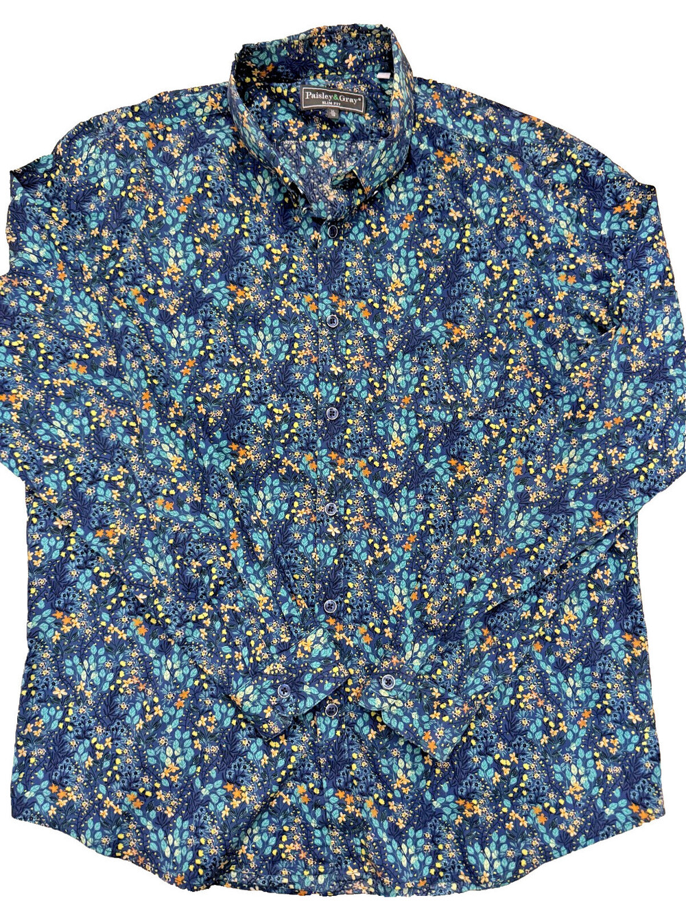 Paisley and Gray Men's Long Sleeve Shirt XL Blue w/ Floral Pattern Slim Fit